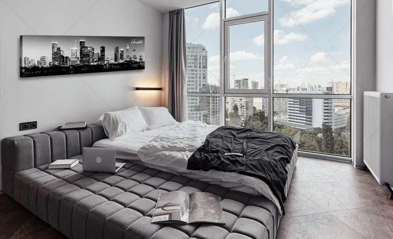 DJSYLIFE Houston Skyline Canvas Wall Art Decor Black & White City Pictures Painting Texas Cityscape Photo Print Artwork for Office Bedroom Living Room Walls Decoration Ready to Hang 13.8"x47.3" - Image 2